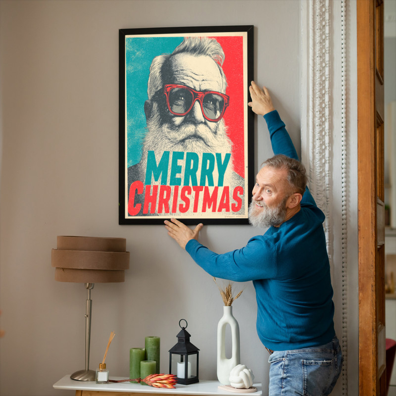 Retro comic Santa Christmas canvas wall art with bold halftone dots, square crop, ideal holiday gift for comic art lovers