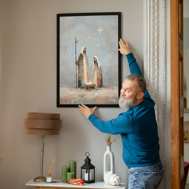 Holy Family canvas wall art, neutral minimalist nativity, square format for farmhouse entryway Christmas decor