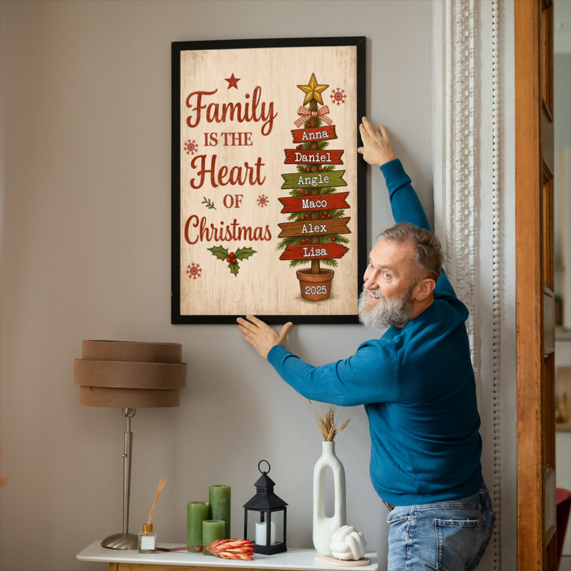 Rustic Christmas family tree canvas print, personalized names around heart, burlap texture look, entryway wall accent