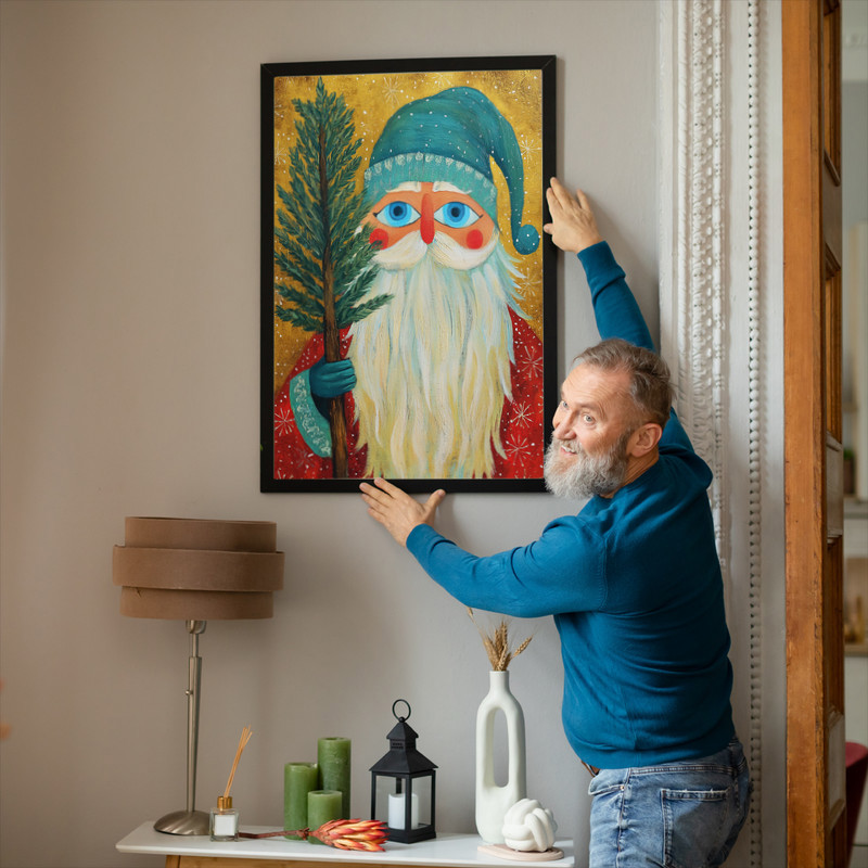 Santa Claus canvas wall art oil painting, rustic whimsical Christmas hallway decor on canvas with cozy farmhouse style