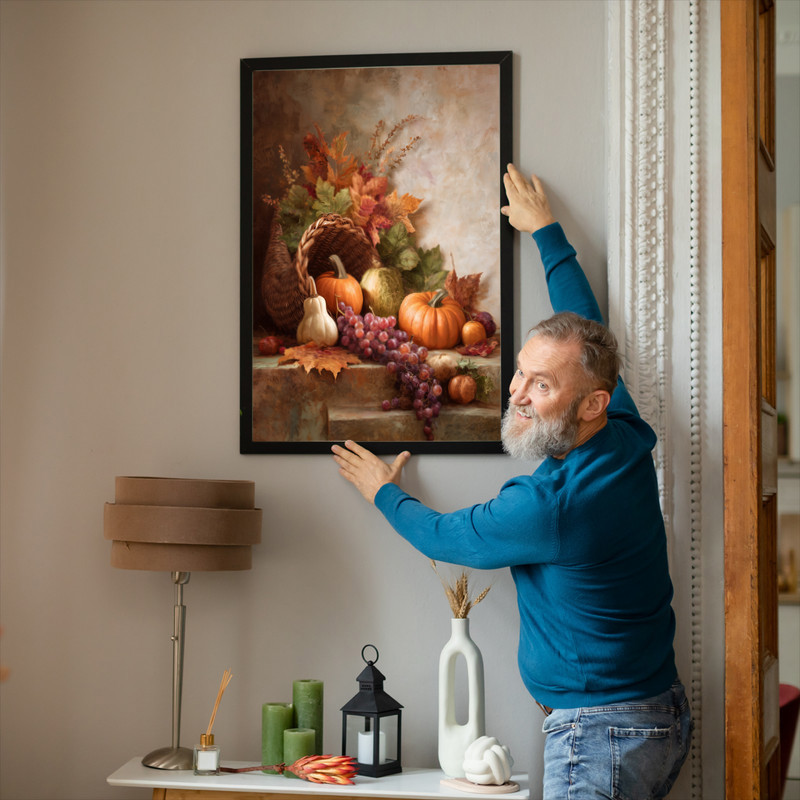 Rustic Thanksgiving centerpiece canvas wall art with pumpkins, mums, and rich harvest colors to enhance hallway decor
