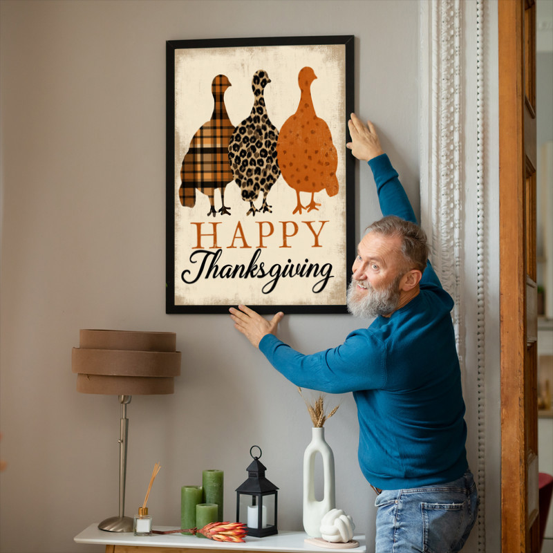 Rustic turkey silhouette hallway canvas art with Happy Thanksgiving lettering, festive wall decor for entry or mudroom