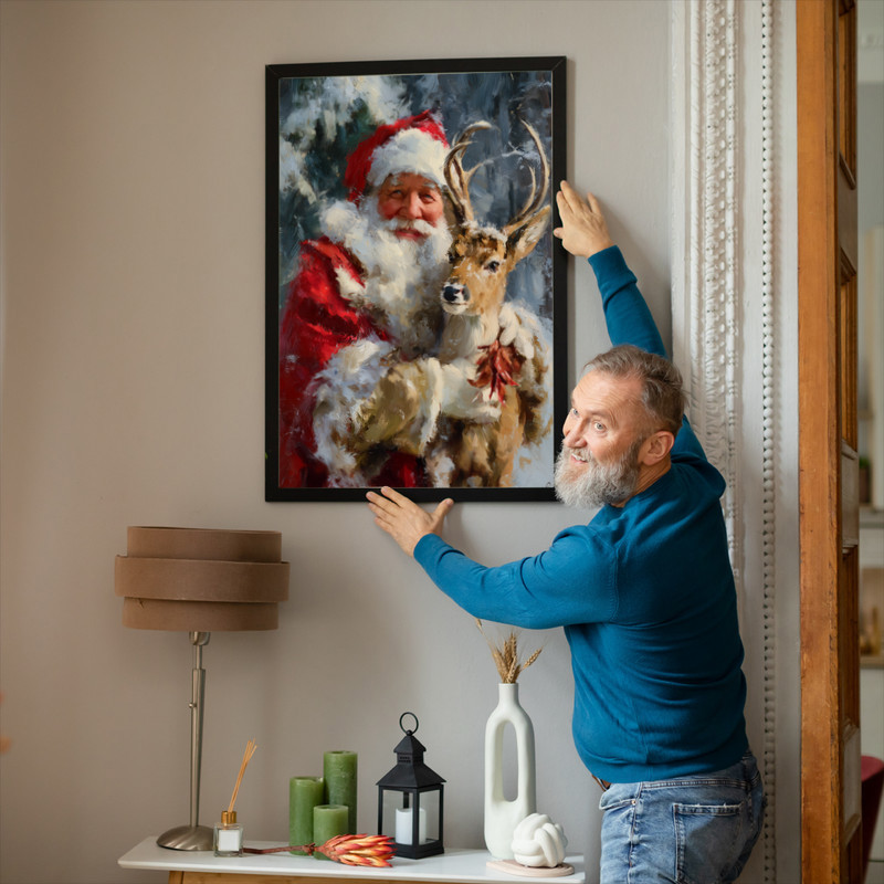 Santa Claus with reindeer forest canvas wall art, vibrant red and evergreen palette, gallery-wrap print for winter hallway