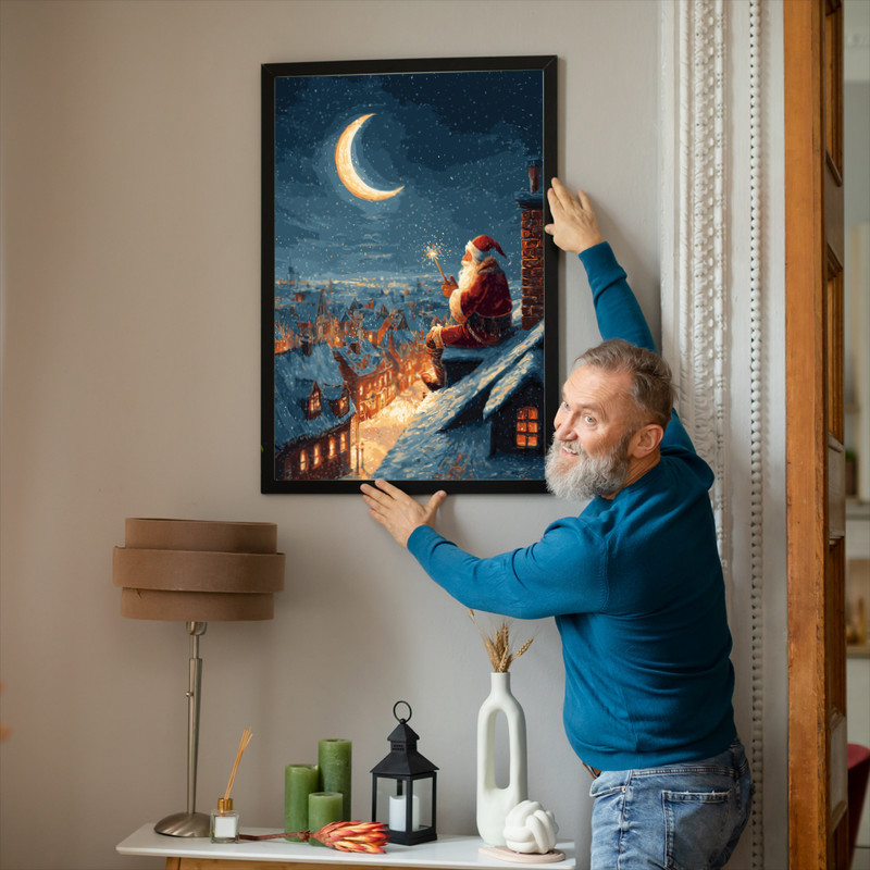 Santa's rooftop magic Christmas night canvas wall art in blue, sleigh set against moonlit clouds for holiday hallway decor