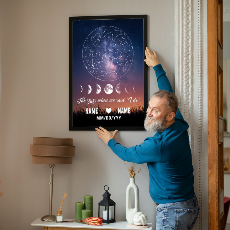 Wedding star map canvas wall art depicting your vows night sky; custom names and date, bedroom decor, above-bed display