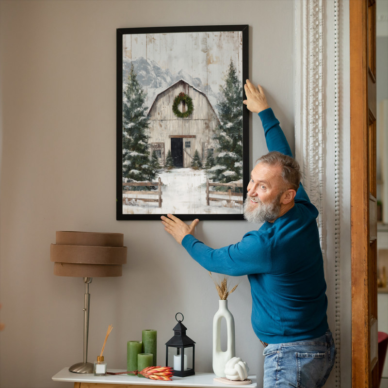 Rustic Christmas vintage barn canvas wall art for entryway decor, farmhouse country style welcomes guests with holiday charm