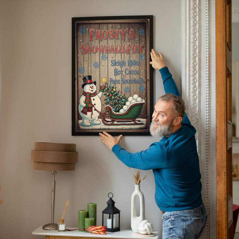 Vintage Frosty the Snowman canvas wall art, horizontal layout with top hat and carrot nose for festive corridor decor