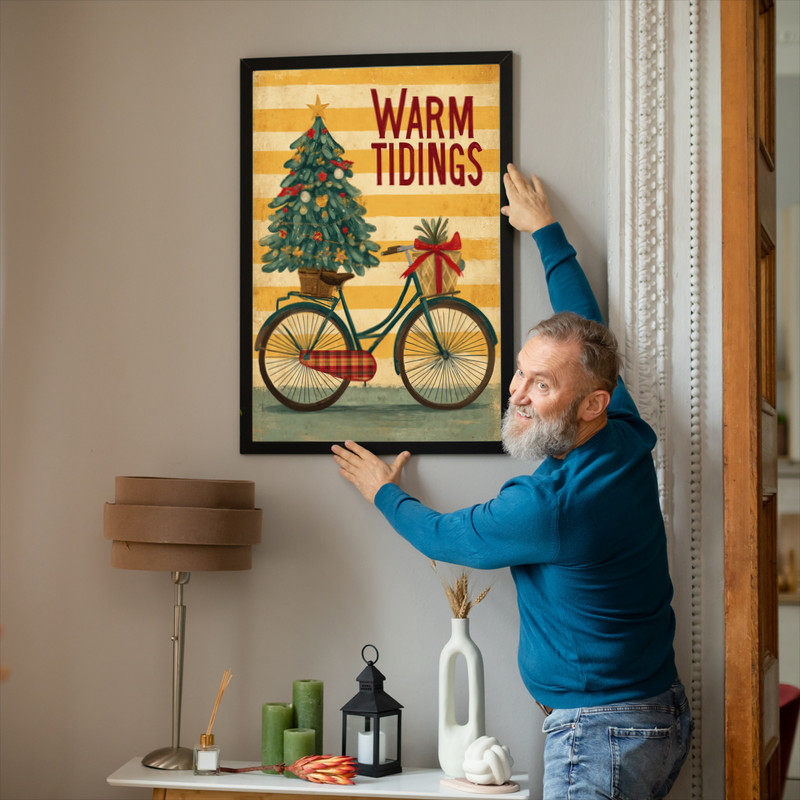 Christmas bicycle canvas wall art in minimalist style, bike with evergreen tree on a neutral background for holiday decor