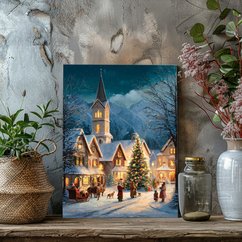 Magical Christmas night canvas wall art beneath a snowy mountain sky, serene winter landscape ideal for hallway decor