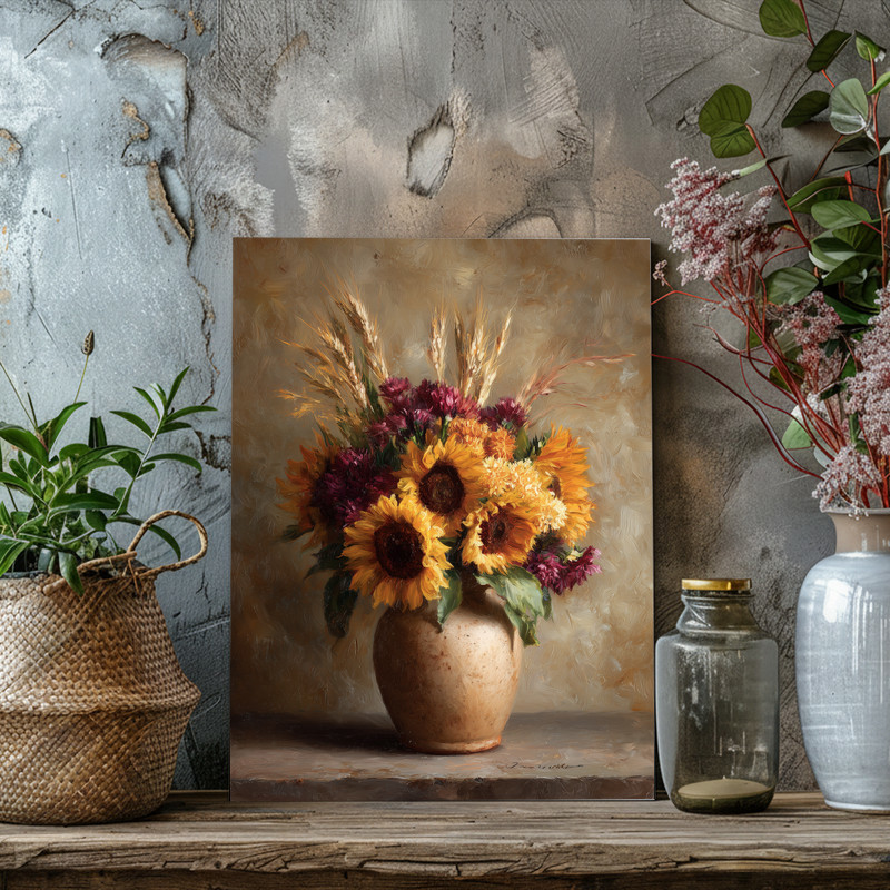 Autumn sunflower and wheat bouquet canvas wall art, clay vase still life in warm sepia tones, vintage style for hallway