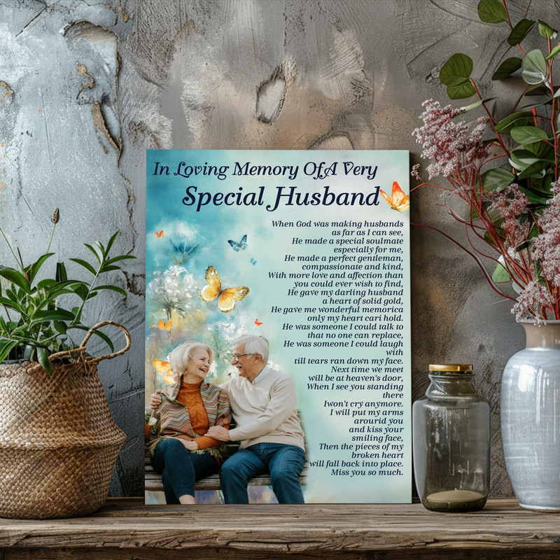 Bereavement memorial personalized canvas wall art for a special husband, custom name and dates, tasteful condolence decor for home display