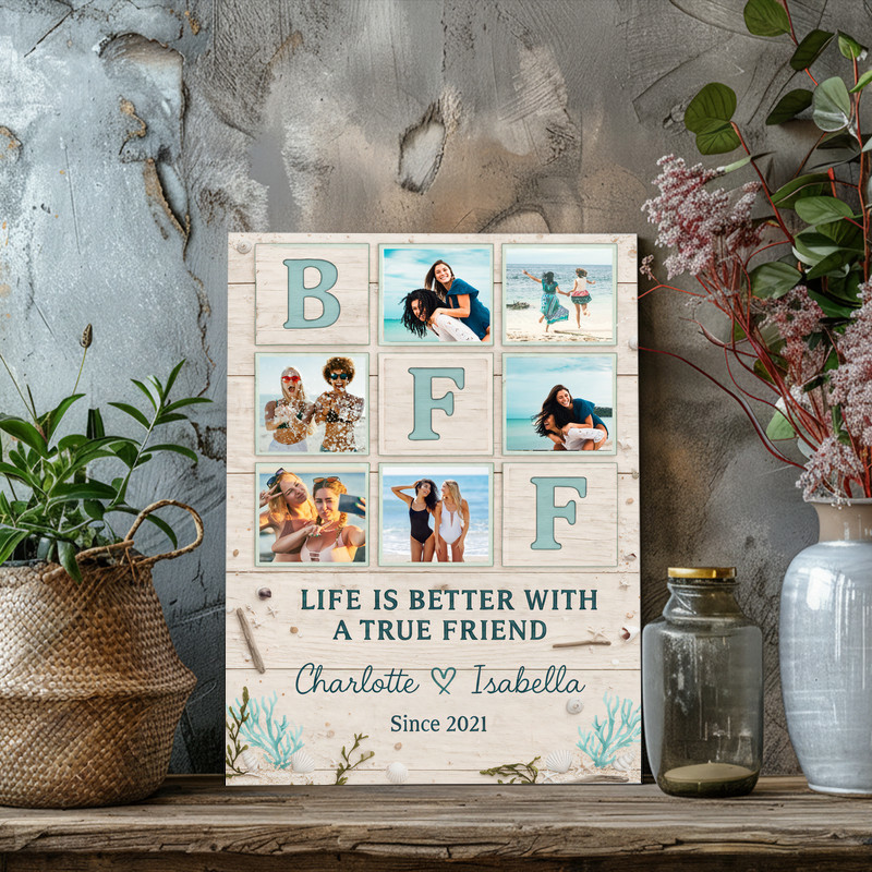 Best Friend Forever photo collage canvas wall art, rustic coastal style, custom names and photos, friendship gift for besties