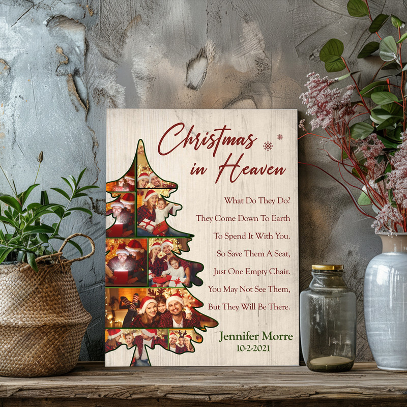 Christmas In Heaven memorial photo frame canvas wall art with festive accents, personalized photo, name, and dates for holiday home decor Christmas In Heaven memorial photo frame canvas wall art with festive accents, personalized photo, name, and dates for holiday home decor