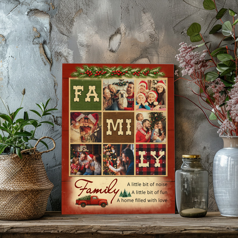 Rustic farmhouse family photo collage canvas with nine-photo grid, personalized quote and names, wood tones, entryway wall art for parents