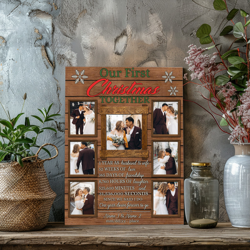 Our First Christmas Together canvas photo collage wall art, custom names and date, heartfelt decor for a couple’s home