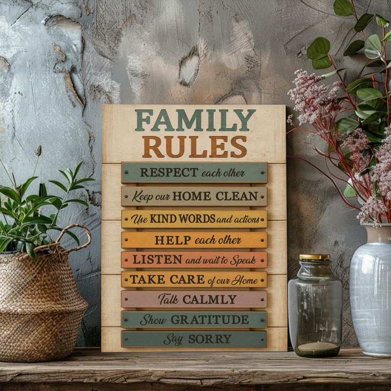 Family rules canvas print, rustic farmhouse typographic wall art for family room, neutral palette with wood grain detail