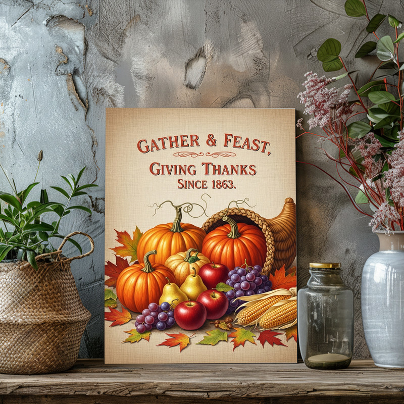 Farmhouse cornucopia canvas wall art for hallway decor, rustic with hand-lettered 'Gather & Feast In Style' autumn accents