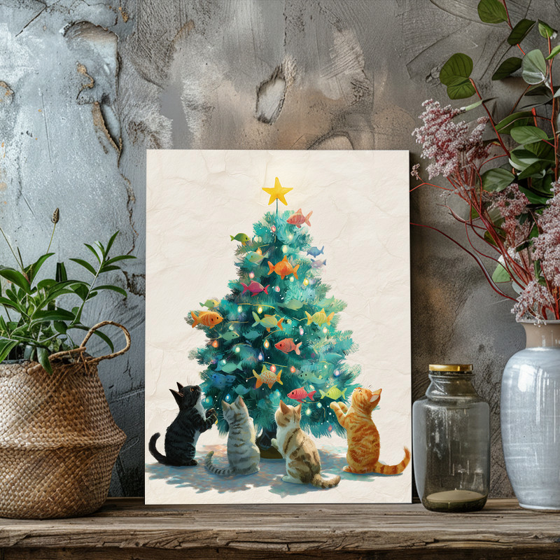 Christmas tree with curious kittens canvas wall art, joyful seasonal cat decor for entryway, bringing warm holiday spirit
