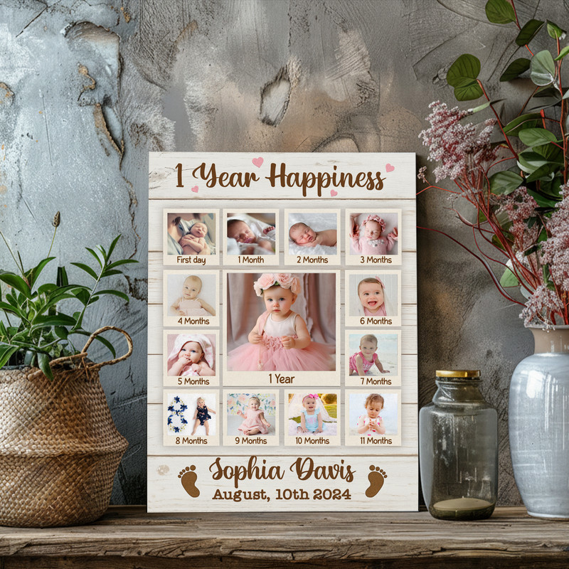 12 months baby milestone photo collage canvas, reclaimed wood look with custom name and date, portrait, first birthday gift