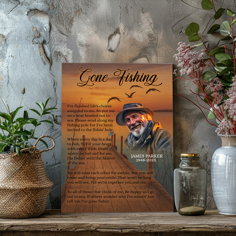 Fishing memorial canvas wall art with custom photo and name, a sympathy gift for anglers’ families and home remembrance