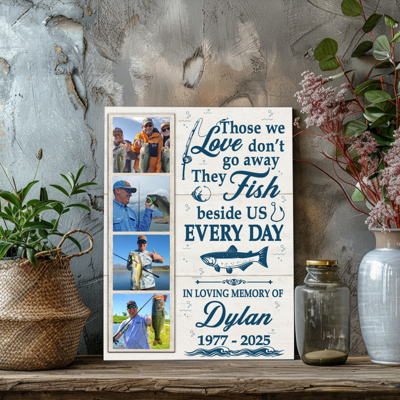 Fishing memorial canvas wall art, portrait photo collage with lure icon, custom name and life years, minimalist black typography on white