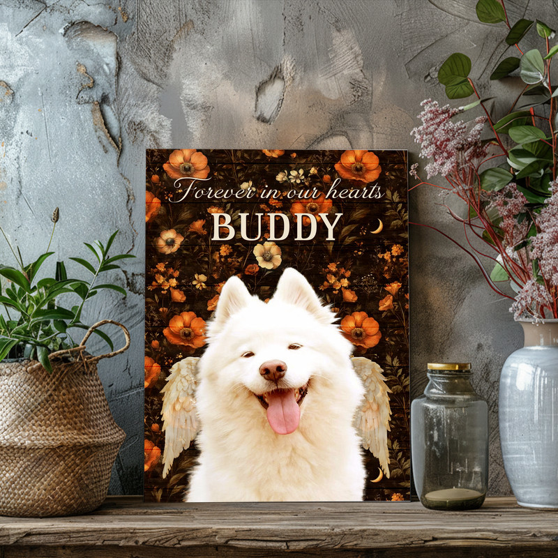 Pet memorial canvas wall art, "Forever In Our Hearts" typography, personalized dog name, fall colors, condolence gift.