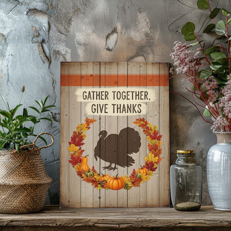 Gather Together Give Thanks canvas wall art, rustic Thanksgiving sign on canvas for hallway display, autumn home decor