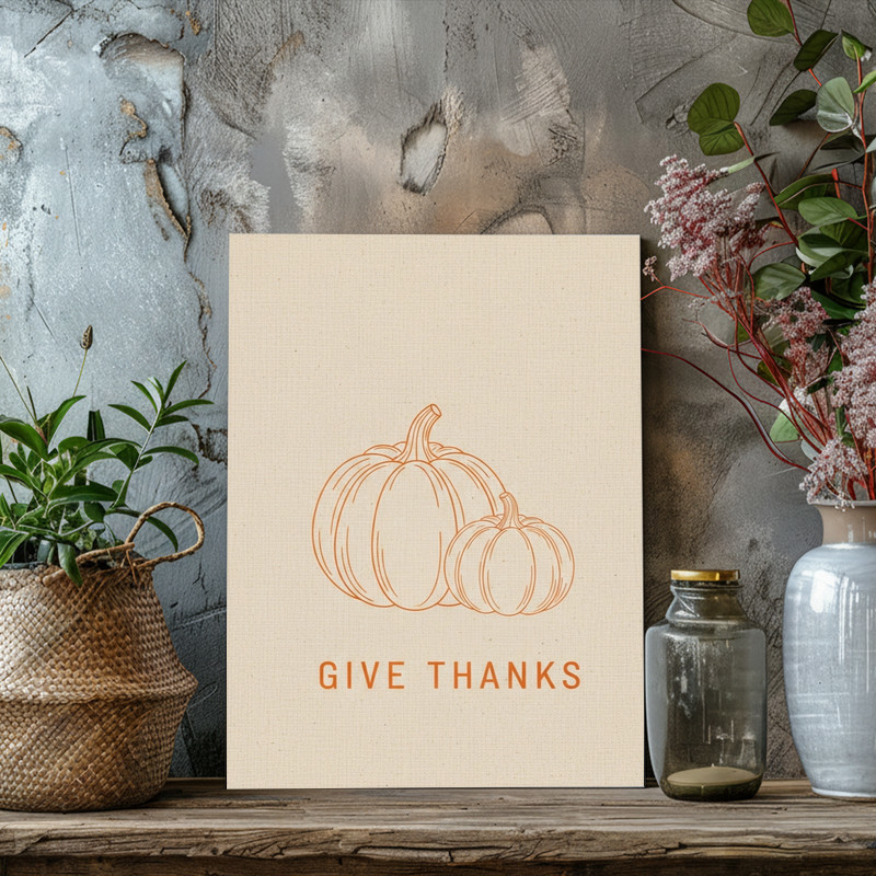 Give Thanks autumn pumpkin wall art canvas, muted cream backdrop and elegant handwritten script for hallway seasonal decor
