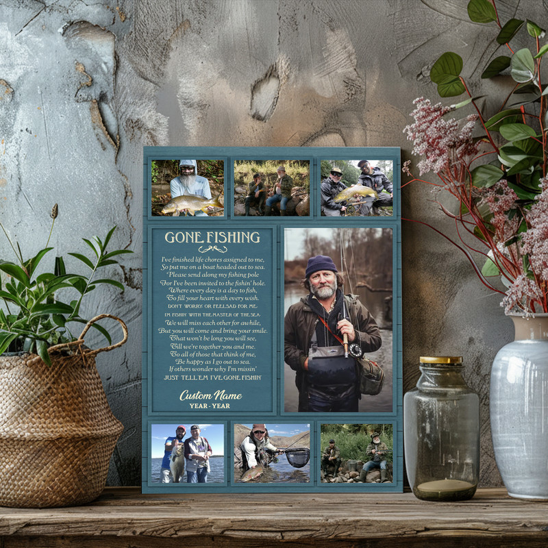 Gone Fishing memorial canvas wall art, charcoal backdrop with personalized five-photo collage, name and dates, rod silhouette