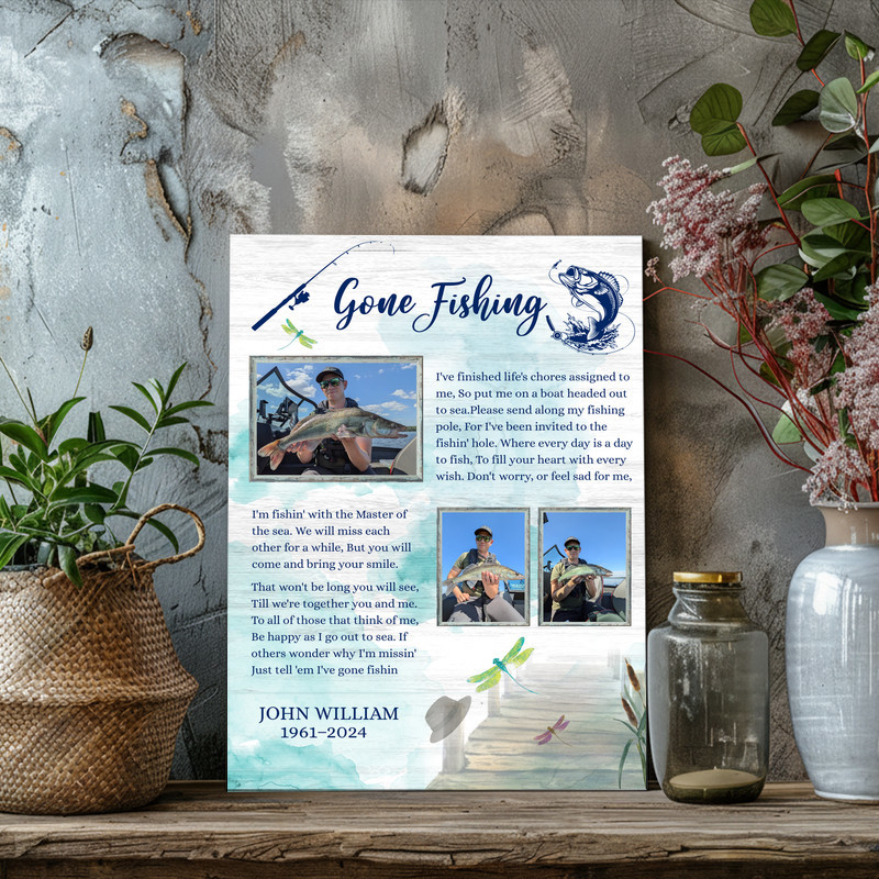 Gone Fishing memorial canvas wall art, 9-photo collage with lures and hook accents in sepia, personalized for Dad’s legacy
