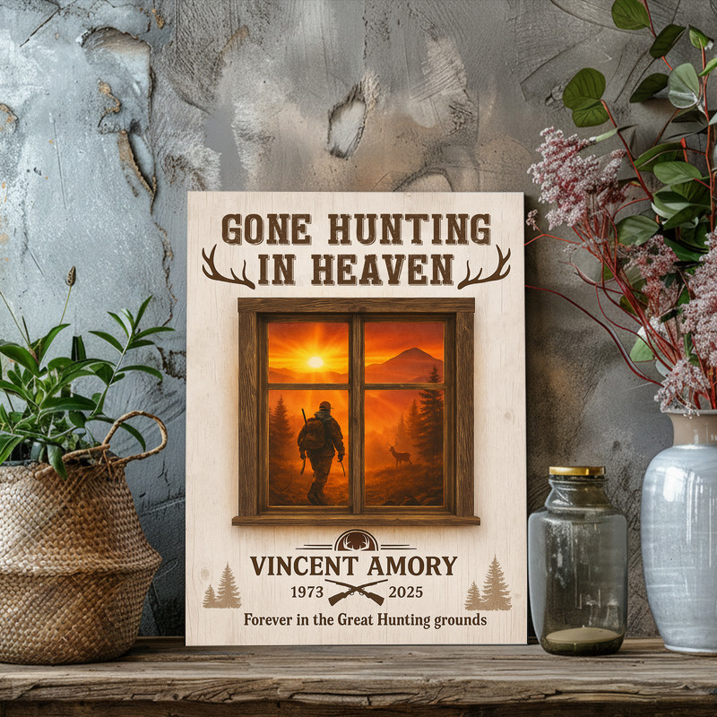 Memorial hunting canvas wall art in vertical layout, antlers and pines, personalized names, memorial gift for hunters