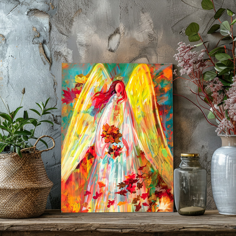 Golden autumn angel canvas wall art with harvest foliage, soft watercolor effect, spiritual decor accent for narrow halls