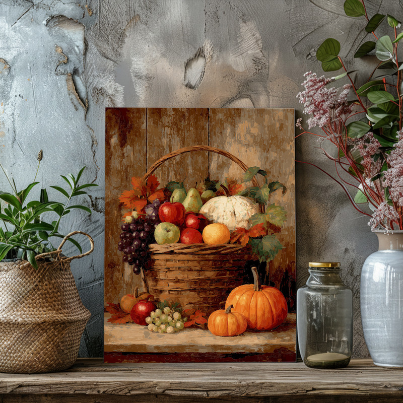 Harvest basket still life canvas wall art for hallway decor, apples, pears, and pumpkins in rustic farmhouse neutrals