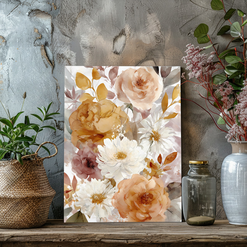 Rustic autumn flowers canvas wall art with watercolor edges and a sienna-olive palette, sized to fit narrow hallway spaces