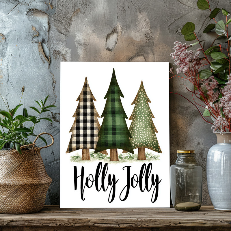 Holly Jolly rustic pine trees print on canvas, snow-dusted evergreens, farmhouse hallway wall decor, warm neutral Christmas