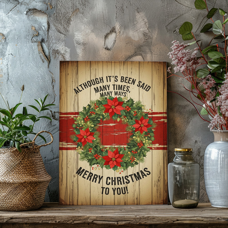 Classic holiday wreath canvas wall art, hand-lettered “Merry Christmas To You,” muted tones and rustic texture for entryway or hallway