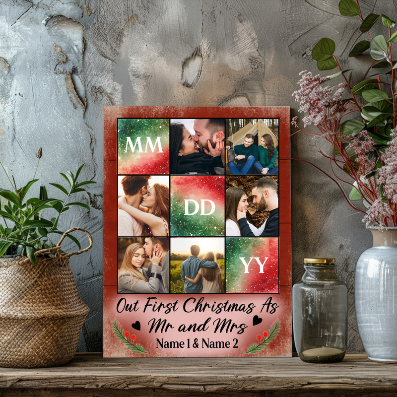 Our First Christmas as Mr & Mrs canvas wall art, five-photo collage on navy with snowflakes, personalized names and date Our First Christmas as Mr & Mrs canvas wall art, five-photo collage on navy with snowflakes, personalized names and date