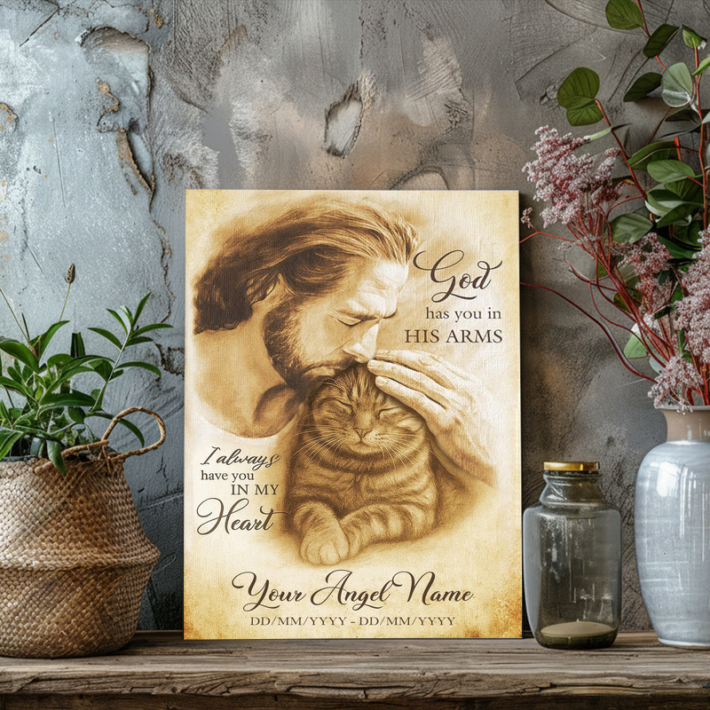 Cat tribute canvas wall art with angel wings and paw prints, 'God Has You In His Arms', personalized name and dates, beige Cat tribute canvas wall art with angel wings and paw prints, 'God Has You In His Arms', personalized name and dates, beige