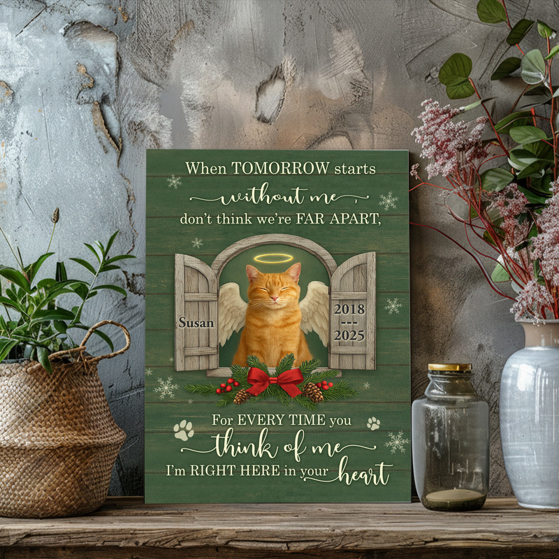 Cat memorial Christmas angel canvas wall art with neutral tones, paw print and halo, personalized with name, bereavement gift.