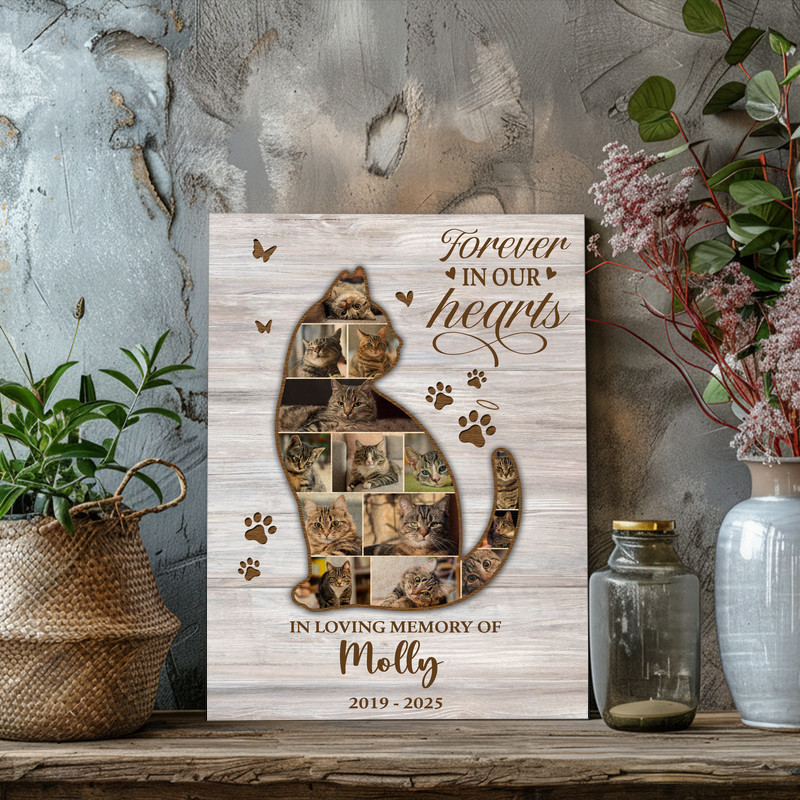 Cat memorial photo collage canvas, custom photos with pet name and dates, keepsake wall art for sympathy gifting