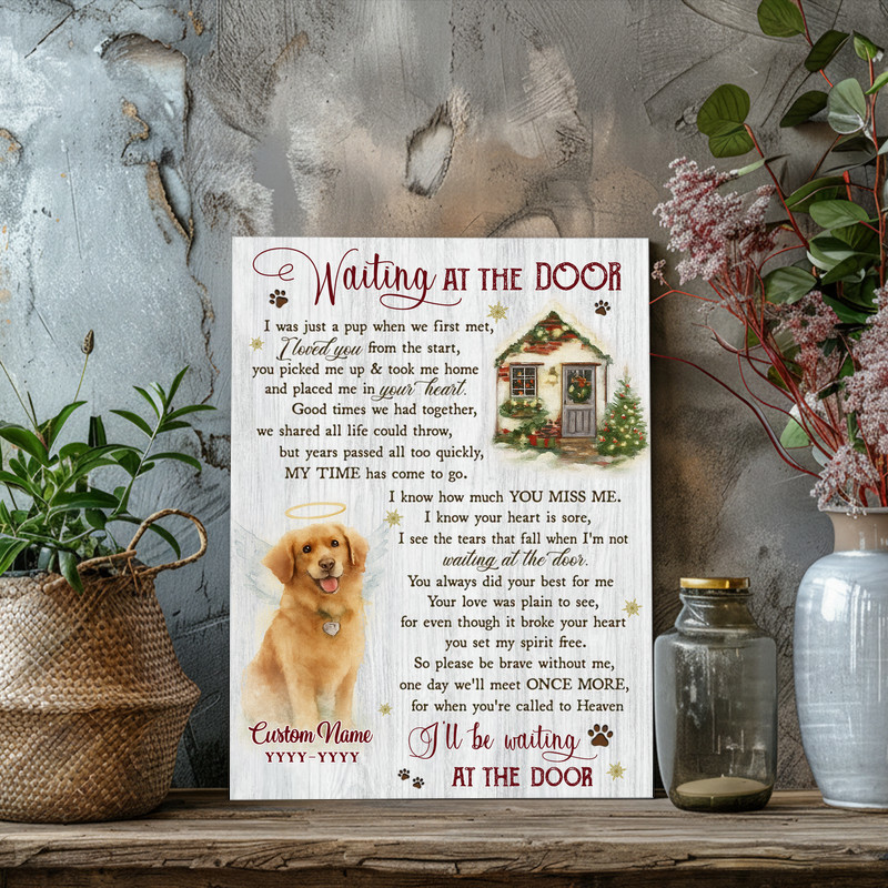 Dog memorial canvas wall art, portrait, 'Waiting at the Door' verse, personalized name and dates, subtle winter accents