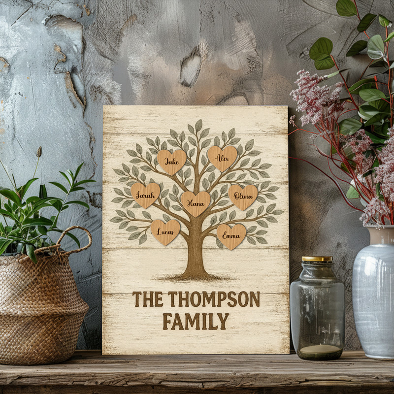 Personalized family tree canvas print featuring grandchildren names, farmhouse aesthetic, Mother’s Day gift for mom