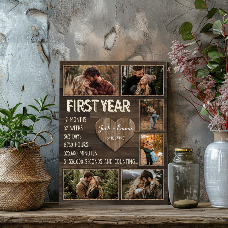 First-year anniversary photo collage canvas, custom names and date in script, weathered wood background, farmhouse wall decor