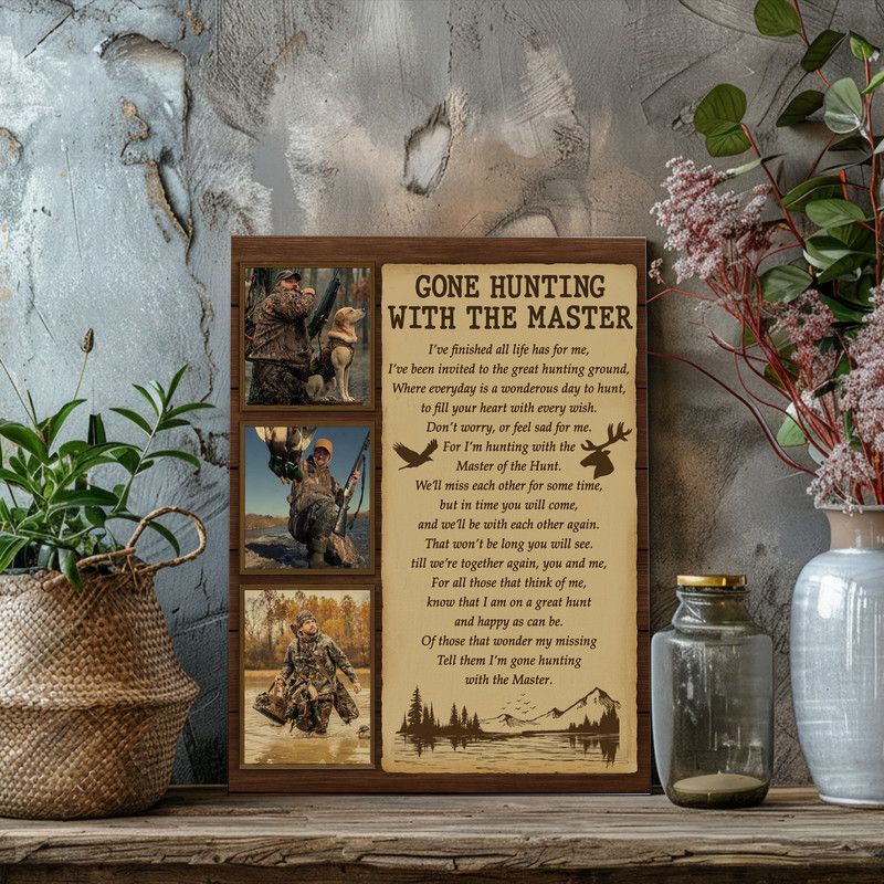 Gone Hunting memorial canvas wall art, rustic wood-grain background, personalized with hunter's name and dates, entryway decor