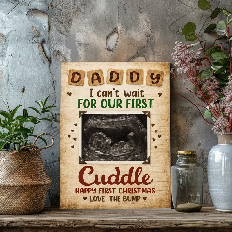 Daddy-to-be gift from bump rustic canvas, personalized with ultrasound photo and tender message, Christmas wall art