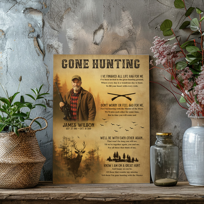 Memorial deer hunting canvas print, rustic barnwood look, custom name and years, sympathy gift for Grandpa from the family