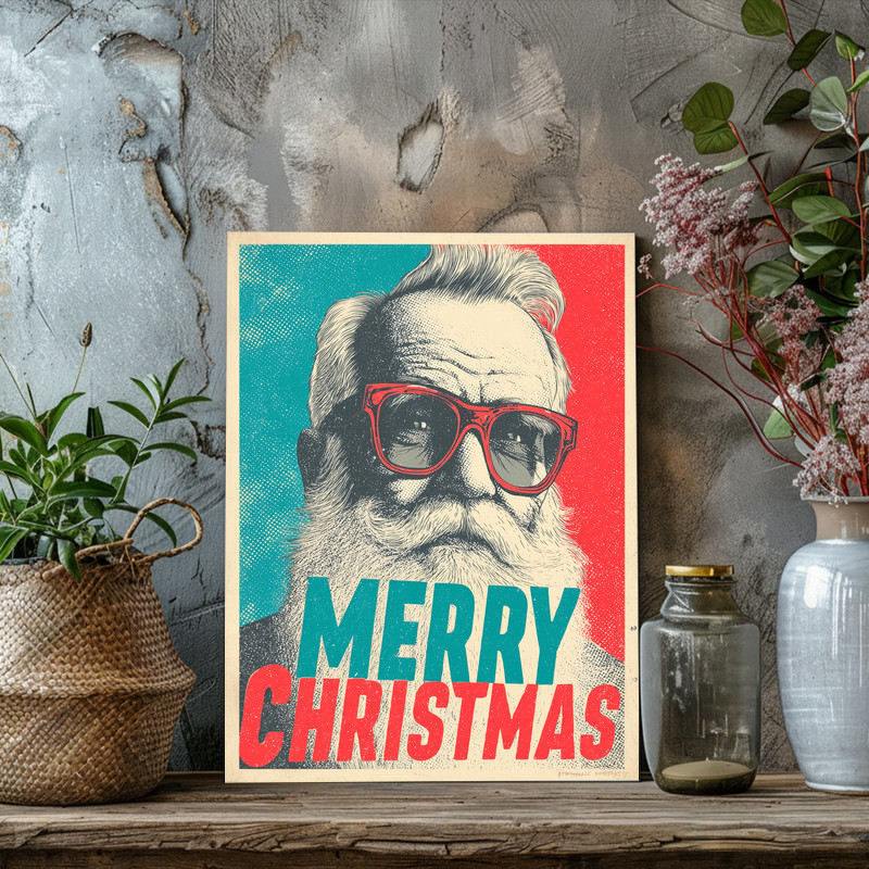 Pop art Santa Christmas canvas wall art in vintage comic print, vertical, distressed texture mid-century palette for hallway