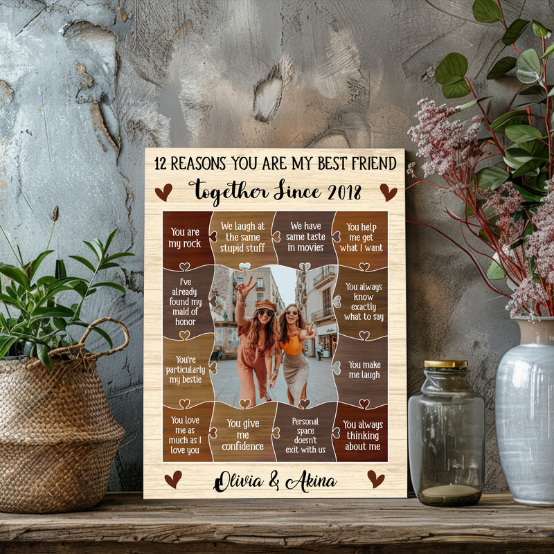 Friendship rustic canvas wall art, custom 12 reasons for my best friend, personalized names, cozy bedroom or dorm wall decor