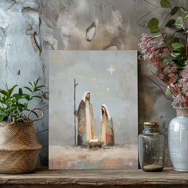 Nativity canvas wall art in muted earth tones, minimalist Holy Family design, vertical for entryway Christmas decor