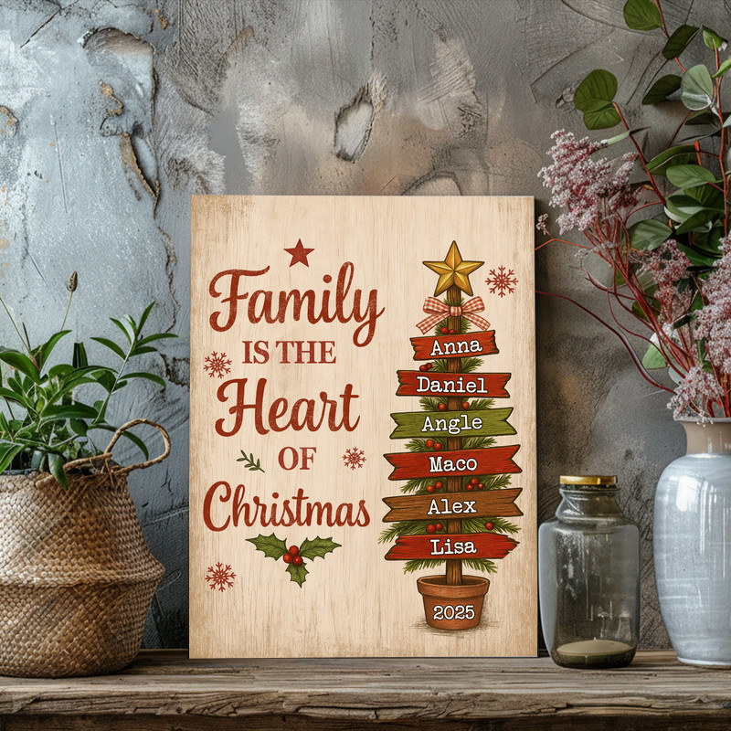 Christmas family tree canvas wall art with Family Is the Heart of Christmas quote, custom names, warm wood grain, gift